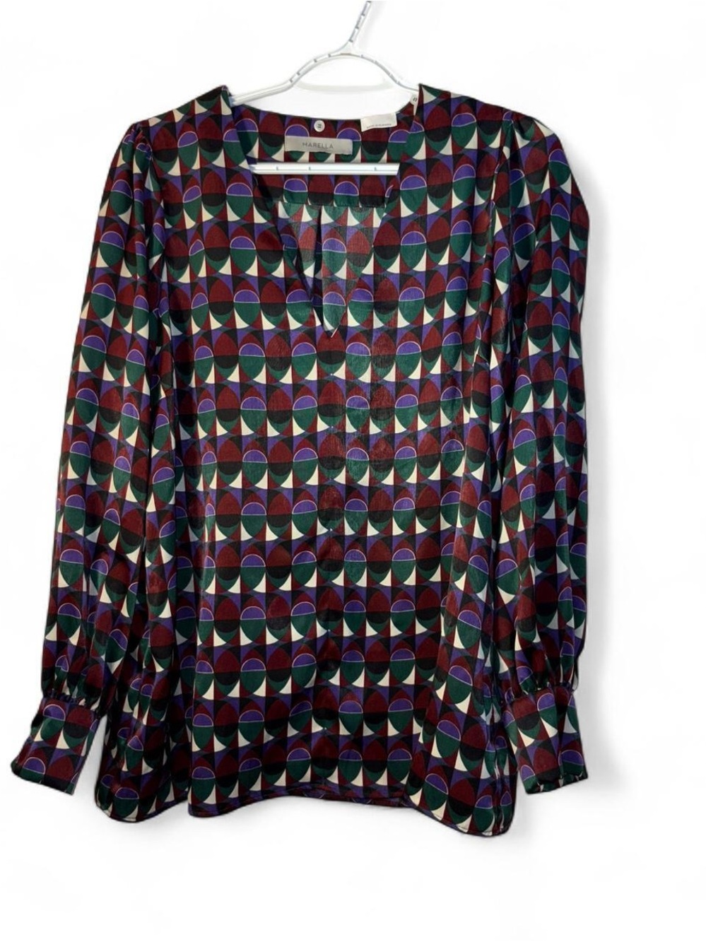 Mirella Geometric V-Neck Blouse in Purple, Green & Burgundy